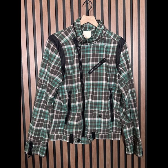 Diesel Biker Jacket Medium Mens Green Brown Plaid Y2K Packable Hoodie Motorcycle